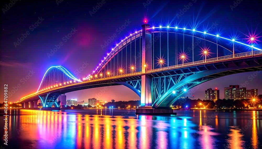 Naklejka premium Vibrant Illuminated Bridge at Night Over City River.