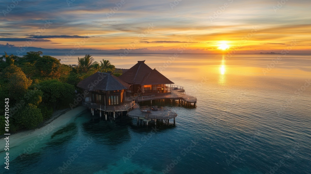 Fototapeta premium Luxurious overwater bungalows at sunset, reflecting in the calm, turquoise ocean.