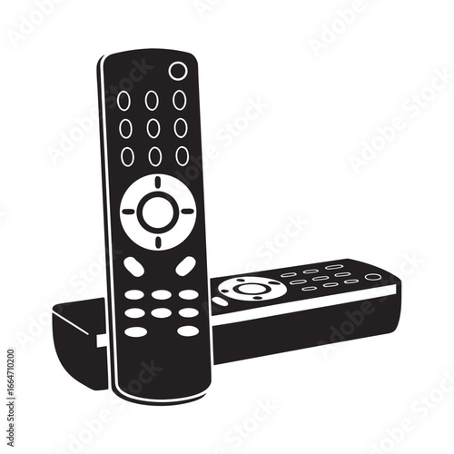 Two remote controls for electronics, with minimalistic design. Black remote controls include buttons and simple interface.