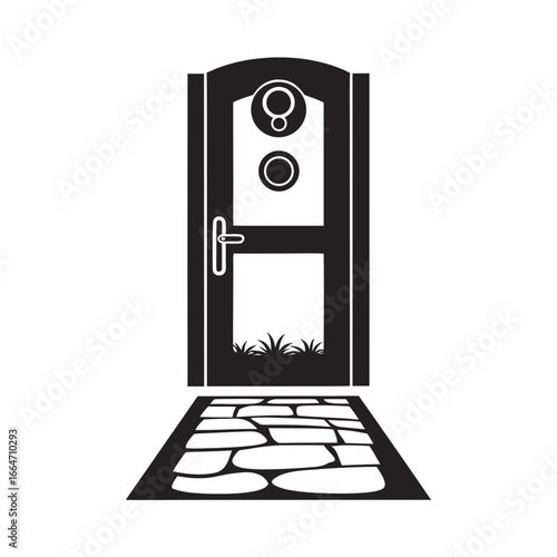 Smart doorbell camera integrated in entrance door with floodlight and door rug to welcome guests. Smart doorbell camera design includes a handle, glass window, grass,