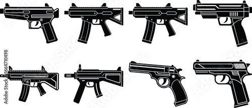 Collection of various types of pistols and machine guns isolated on transparent background, showcasing different designs and styles of firearms