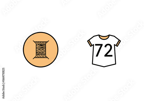 Two simple illustrations, one a spool of thread, the other a t-shirt with the number 72.