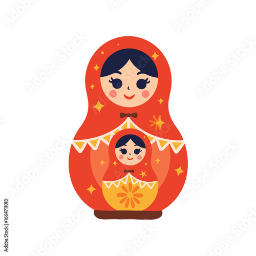 Colorful matryoshka doll with intricate designs and smiling faces  