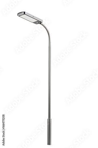 Modern street lamp with sleek curved metallic pole and rectangular light fixture, minimalist design, isolated on transparent background.