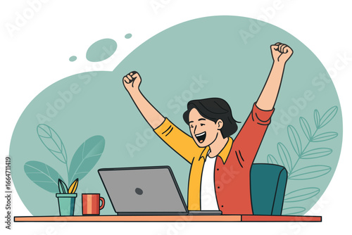 Freelancer jubilant receiving online payment.