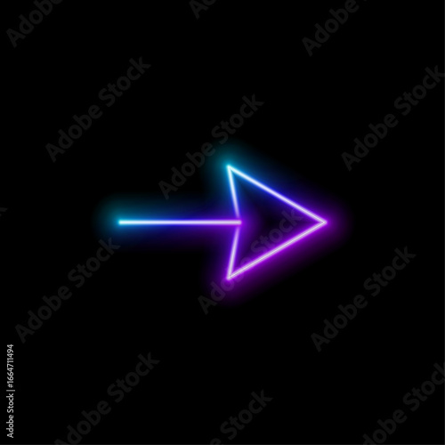 Neon arrow sign. Neon sign arrow. Glowing neon arrow pointer on black background.