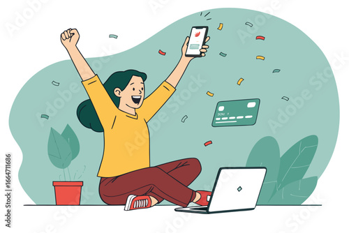 Freelancer rejoices upon successful online payment receipt.