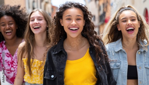 Multiethnic women friends strolling together, sharing laughter while navigating urban sidewalk, expressing genuine joy during sunny summer day