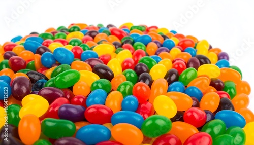 A vibrant pile of colorful jelly beans creates a cheerful and sugary display against a plain white background.