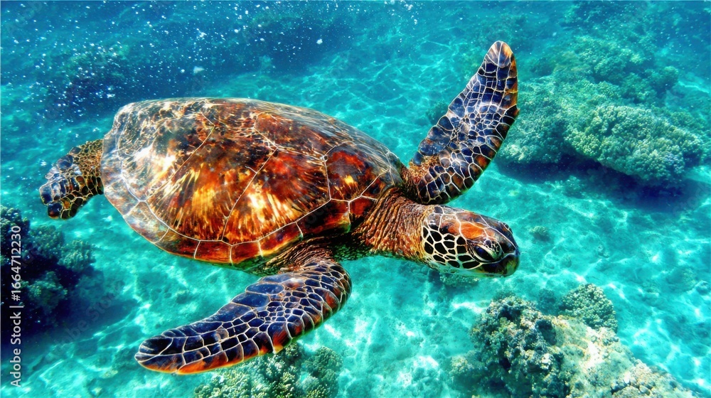 Fototapeta premium Green sea turtle gliding through clear ocean waters, surrounded by dappled sunlight and coral.