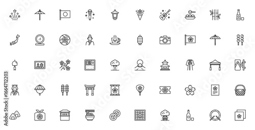 Sakura Festival icon set. Japanese spring vector illustrations. Includes symbols for fireworks, kimono, sushi, temple, hanami, lantern, picnic and more. Editable vector stroke.