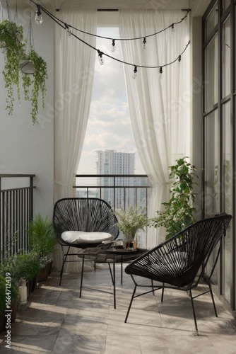 Urban balcony with black wicker chairs and white drapes