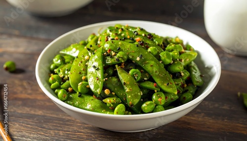 Bowl of vibrant green snap peas with seasonings