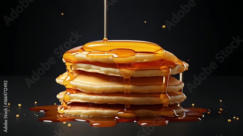 Golden syrup cascading over fluffy pancakes, a delicious breakfast treat, fresh and vibrant