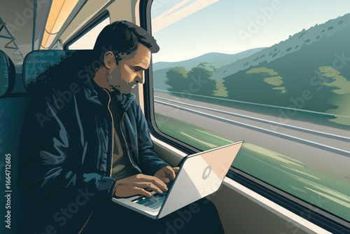 Freelancer works on laptop during train journey.
