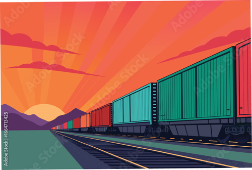 Freight train with colorful containers stretching into the distance.