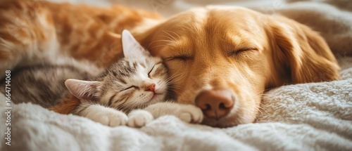 Wallpaper Mural Puppy cuddling with kitten, soft morning light, cozy closeup lens Torontodigital.ca