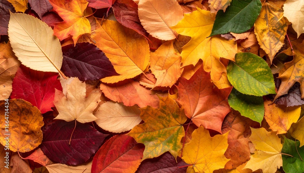 Obraz premium 色とりどりの落ち葉が作る自然なグラデーション トップダウン 