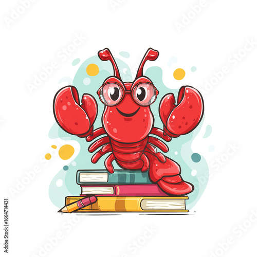 Cute Cartoon Red Lobster with Glasses Holding Books Isolated on White Background
