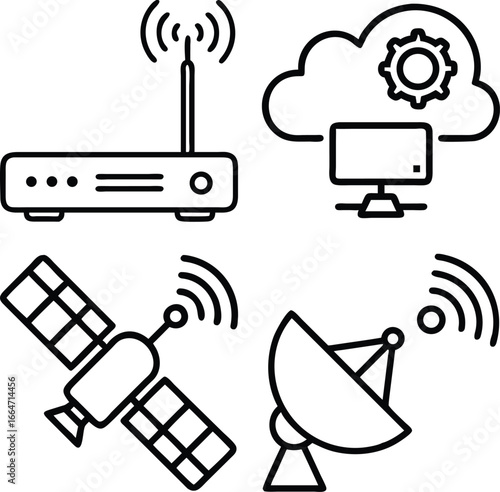 A collection of four simple line art icons representing different digital communication technologies, including a router, cloud computing, a satellite, and a satellite dish.