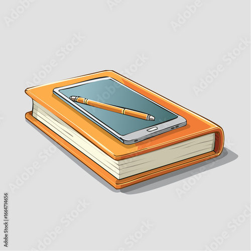 Illustration of a book with a tablet and stylus on top of it.