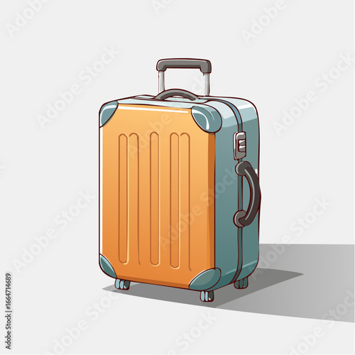 Modern cartoon illustration of an orange hardshell suitcase with wheels. High-resolution vector graphic for travel, tourism, and vacation themes