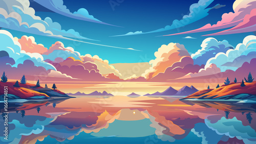 Captivating sky scenes shift throughout the day, mirrored perfectly in natural water body, reflections glowing gently, clouds drifting softly, horizon breathes peace, eternal dance of light and shadow