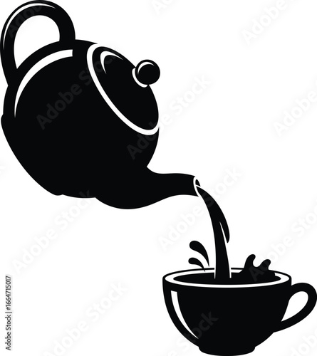 A minimalist black silhouette illustration depicting a teapot tilted as it pours liquid into a teacup below. The stream of tea flows smoothly from the spout, with subtle splashes captured mid-motion t