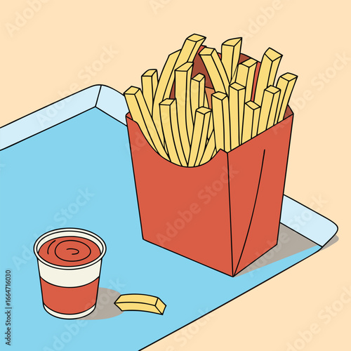 Illustration of french fries with ketchup on a tray, a delicious snack