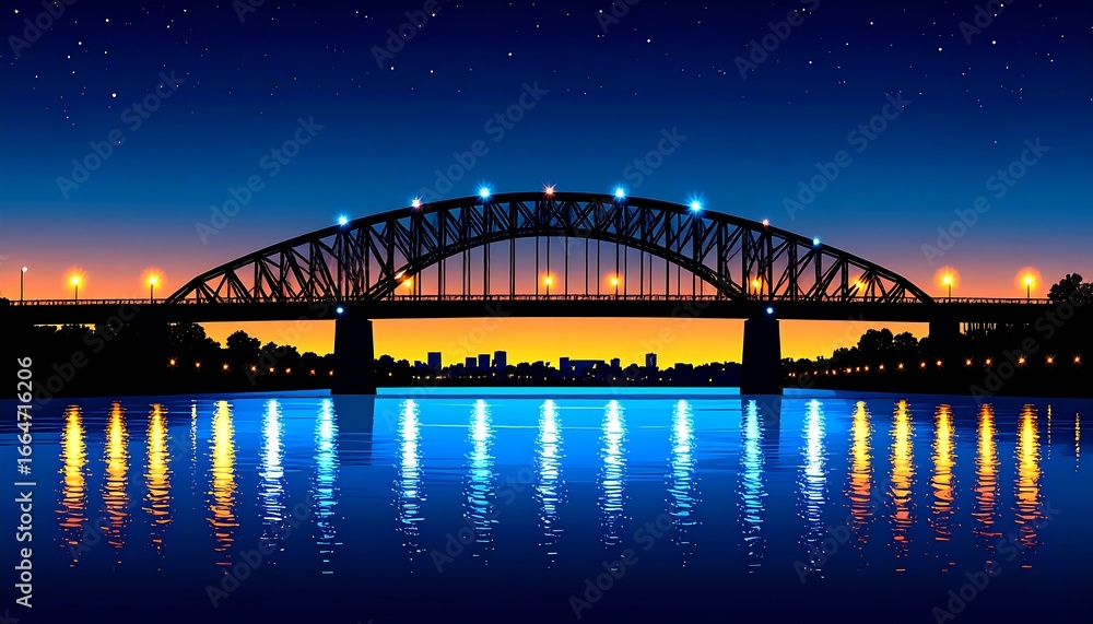 Naklejka premium Silhouette Bridge at Dusk over City River with Lights.