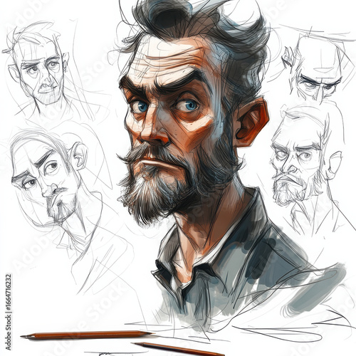 Illustrator refining a character concept, expressive facial features, dynamic pose, creative brainstorming process, professional sketching setup, isolated stock photography concept. 