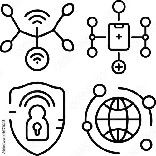 A collection of four distinct line art icons illustrating concepts like wireless networks, data transfer, cybersecurity, and global internet access.