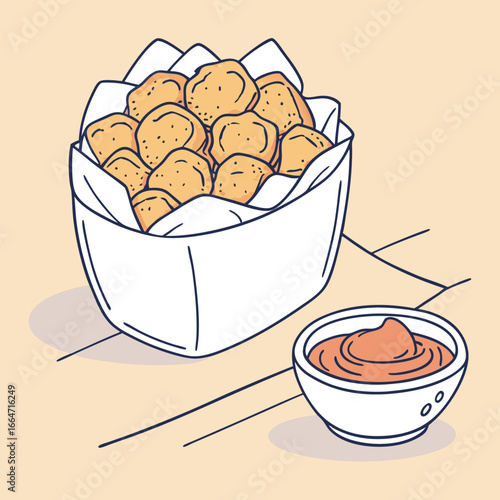 Isometric illustration of chicken nuggets with sauce on beige background