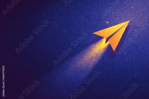 Golden paper airplane flying upwards on a deep blue textured background with stars
