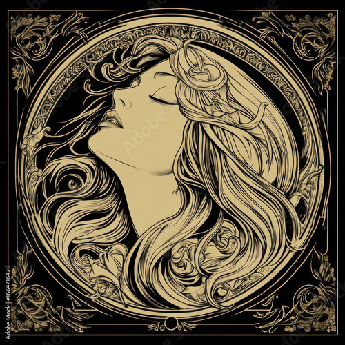 Illustrator sketching a classic Art Nouveau poster, deep and flowing line work, elegant and sophisticated composition, rich and timeless artistic style, isolated stock photography concept. 