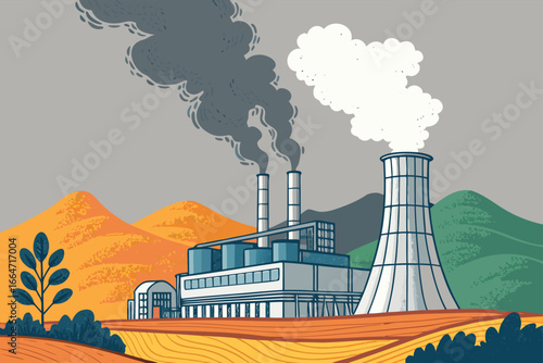 Geothermal plant with steam billowing from the earth.
