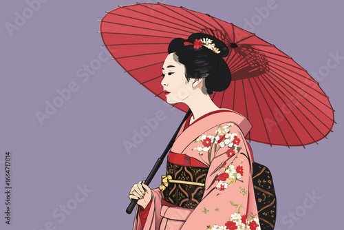 Geisha in a vibrant, traditional kimono holding an umbrella.