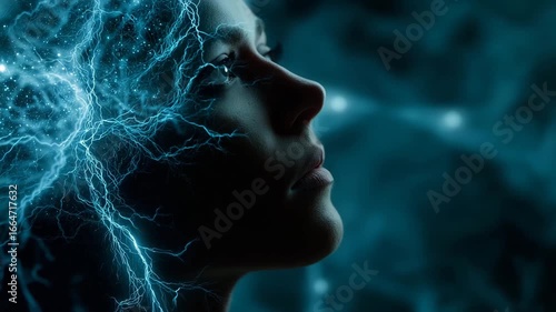 A woman's face in a blue background with lightning bolts. Conceptual silhouette showing gut glowing particles connected to brain via electric current, enteric nervous system, sci-tech dramatic neon 
