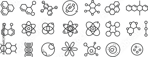 Science icons, molecular structure, DNA helix, atom model, chemistry research, biology illustration, cell diagram, physics element, nanotechnology symbol, laboratory design