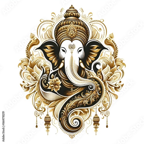 Wallpaper Mural "Elegant Ganesha silhouette with golden ornaments and festive design, white background." Torontodigital.ca