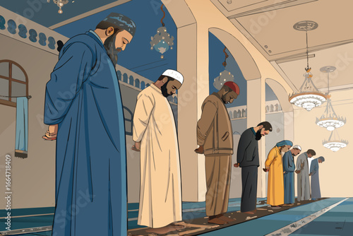 Muslims in prayer, a unified row.