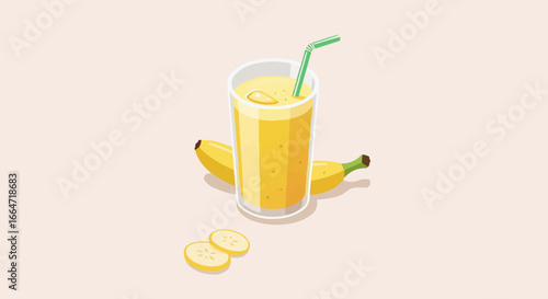 Delicious Banana Smoothie in Glass with Straw and Fresh Bananas - Healthy Drink Illustration