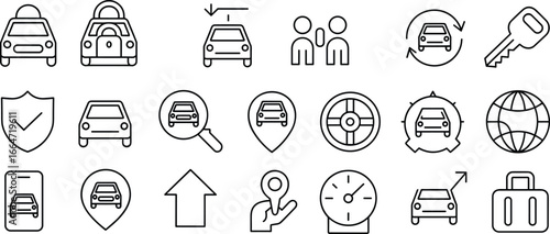 Car rental service icons, vehicle sharing, taxi booking, GPS navigation, secure driving, travel luggage, speed meter, location pin, automotive business, transport