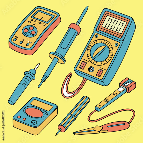 Illustration of a collection of voltmeter and ammeter tools for electricity