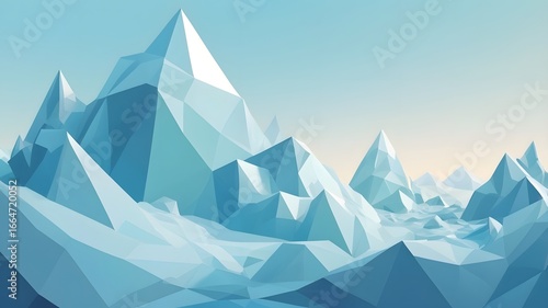 Abstract Low Poly Mountain Landscape in Cool Blue Tones with Soft Sky Background