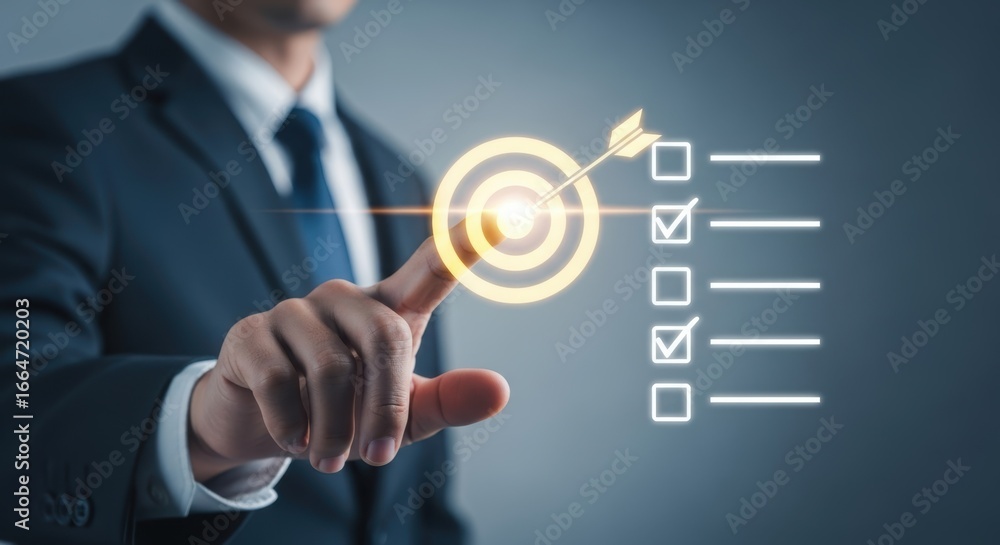 Obraz premium Businessman pointing at a target with an arrow, representing business goals and strategic achievement