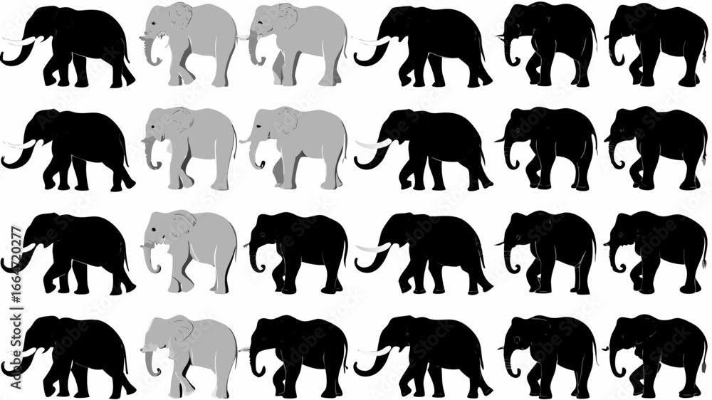 Obraz premium A pattern of black and gray elephants walking with their trunks down in a repeating arrangement design | editable eps vectors silhouette