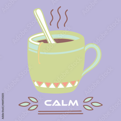 Cup of hot drink with steam and spoon for relaxing and calming moment