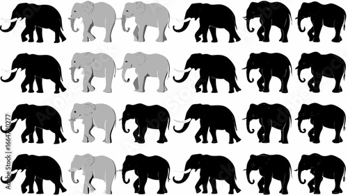 A pattern of black and gray elephants walking with their trunks down in a repeating arrangement design | editable eps vectors silhouette