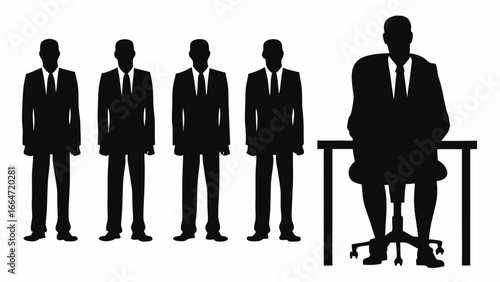 Silhouette of five businessmen, four standing and one sitting at a desk in a chair, all in black